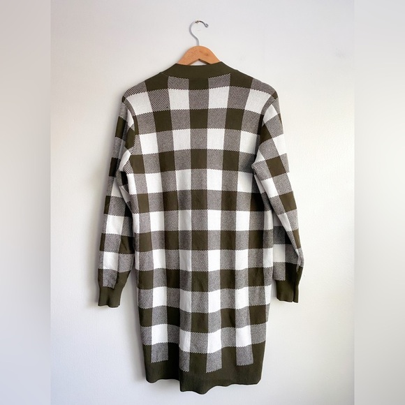 Anthropologie Sita Murt Olive Green White Checker Long Sweater Cardigan Oversize - Picture 6 of 12